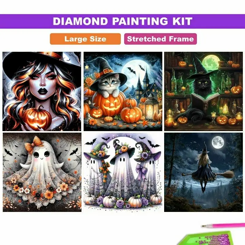Framed,5D DIY Diamond Painting Kit - Cute Halloween Collection with Witch Lady, Kitten Cat, Black Cat, Lace Ghost Trio & Flying Witch, Spooky Pumpkin Moon Castle Art, Perfect for Halloween, Birthday, Halloween Home Wall Decor & Relaxing Hobby Crafts!
