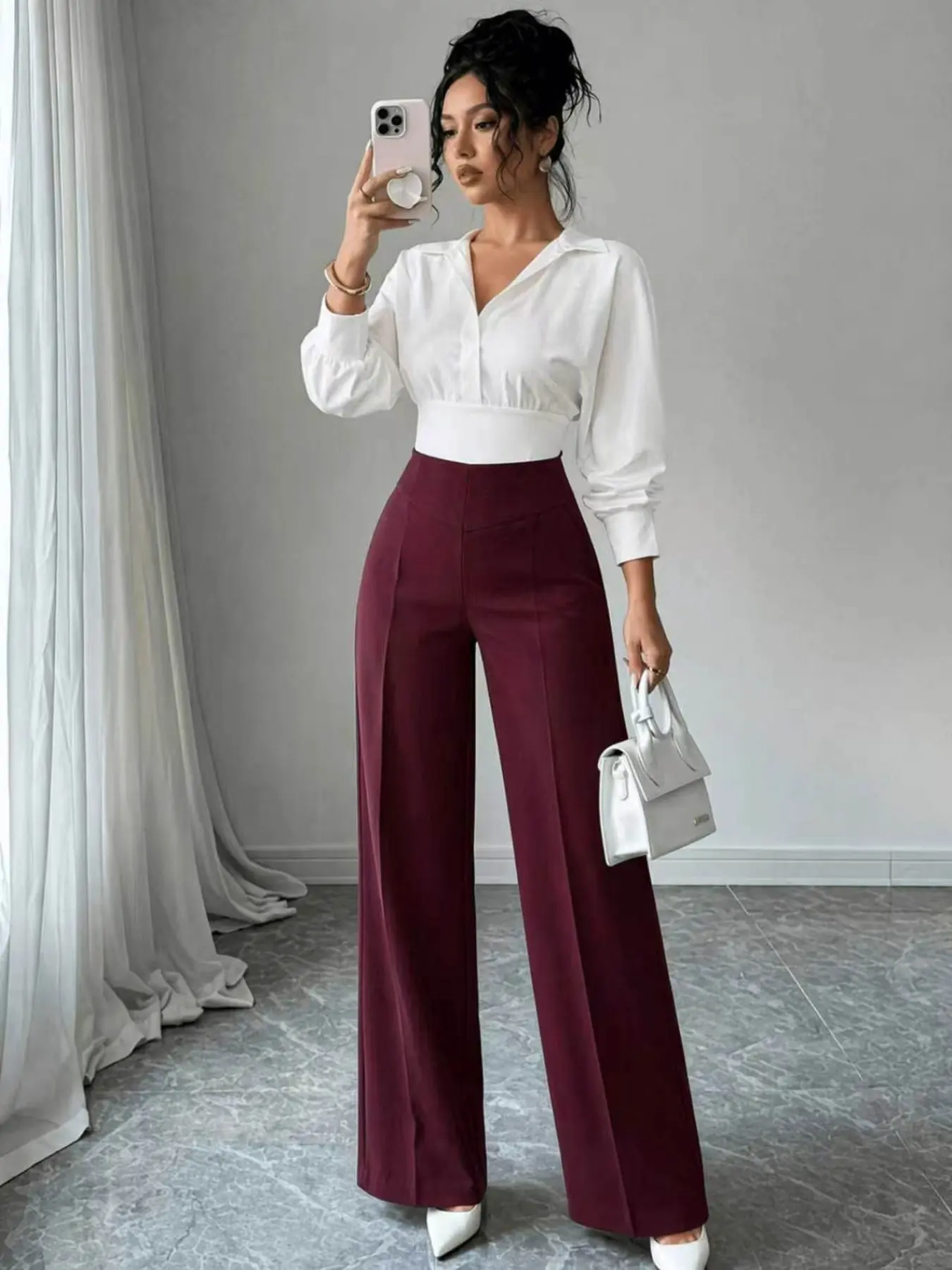 Women's High Waist Solid Color Wide Leg Pants, Zipper Waist Design, Slimming Straight Leg, Elegant Fashion for All Seasons