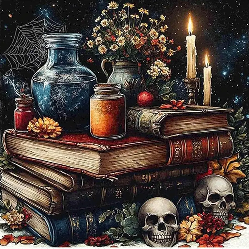 1PC,2D Vintage Halloween Witchcraft Diamond Painting Kit Mysterious Gothic Book Stack with Skulls Candles Flowers Spider Web Starry Night DIY Rhinestone Art Craft for Home Wall Decoration Gift for Adults