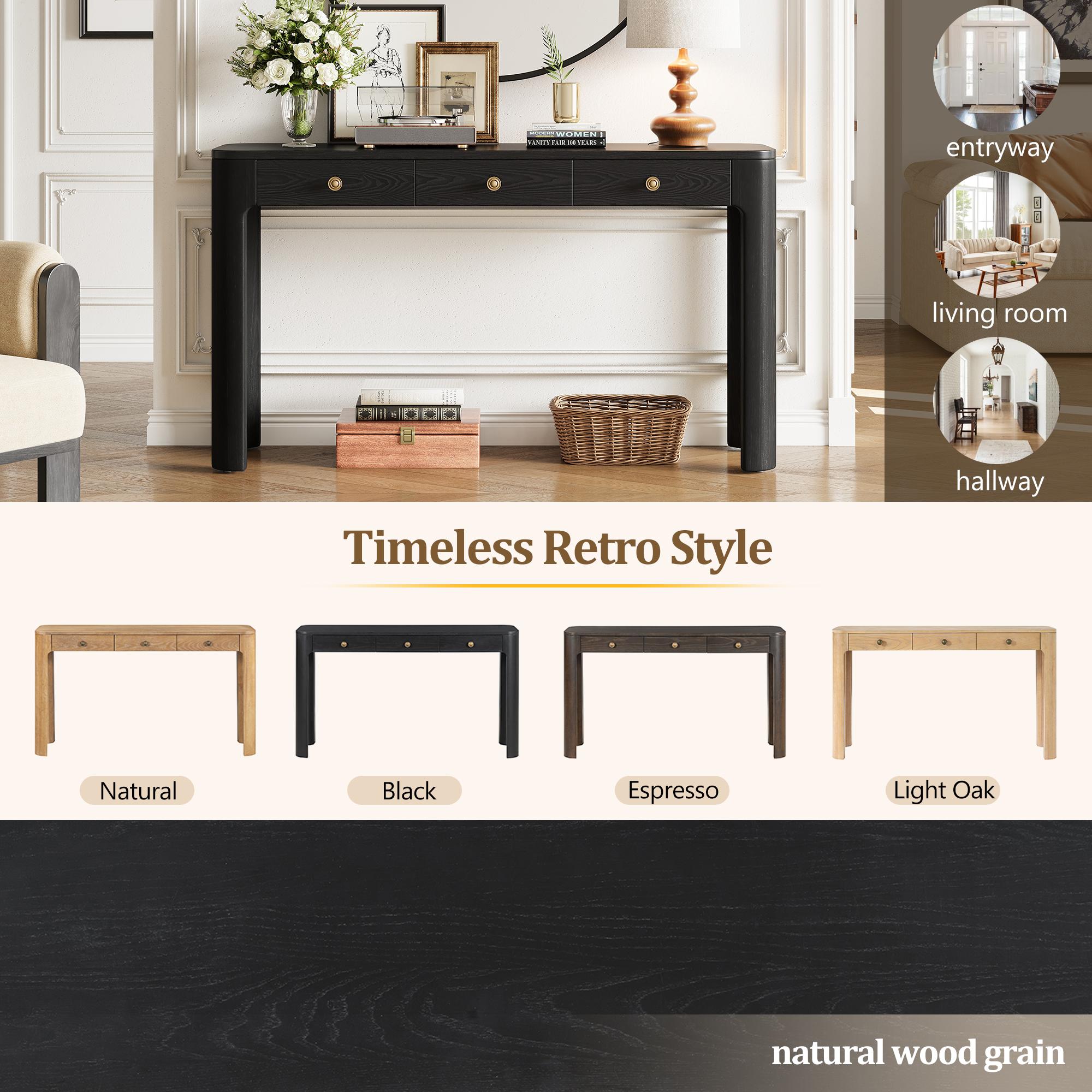 TREXM Rustic Console Table with Curved Corners for Safety, Entryway Table with 3 Concealed Drawers, Sturdy Sofa Table with Thick Legs for Hallway & Living Room