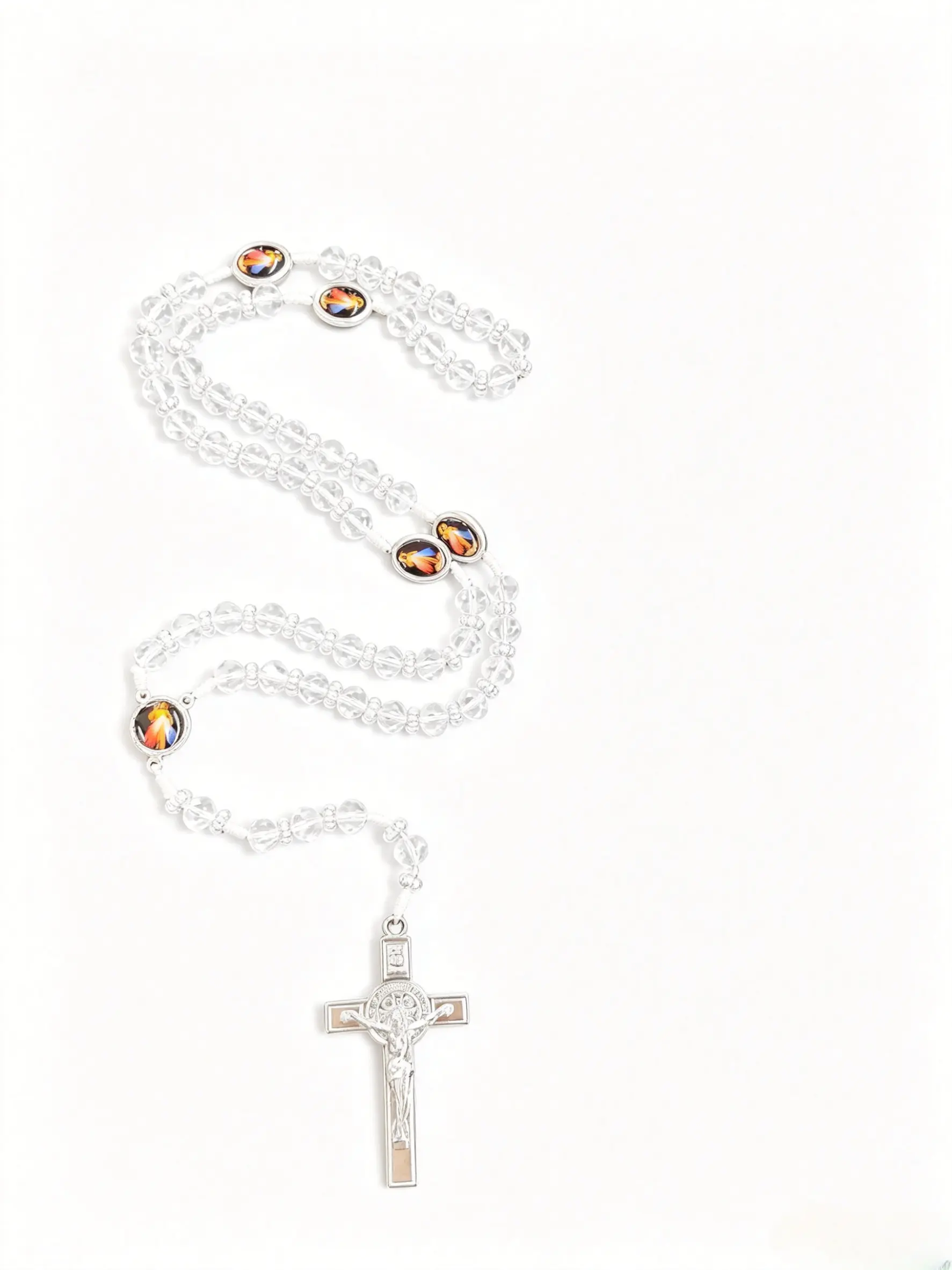 Transparent Crystal Glass Bead St. Benedict Cross Rosary Necklace, Catholic Religious Prayer Jewelry, Necklace Pendant Jewelry, Portable Prayer Chain, Beaded Cross Necklace