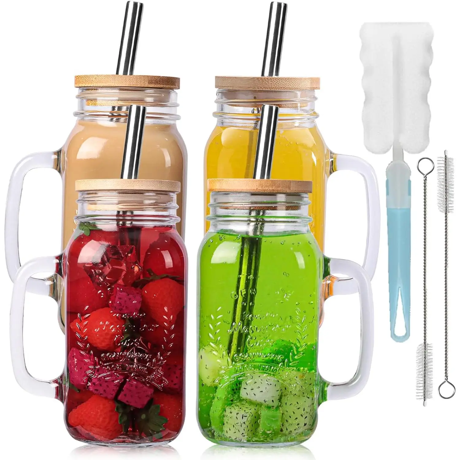 4 Pack 24Oz Mason jar cups with lids and straws, Mason Jars with Handle, Mason Jar Drinking Glasses with Lid and Straw, Mason Jar Mugs