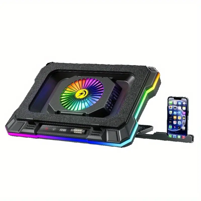 Game Laptop Cooling Pad with RGB Lights, External Fan, Quick Cool for 15.6-19.3 Inch Laptops, 8 Height Stands, 2 USB Ports