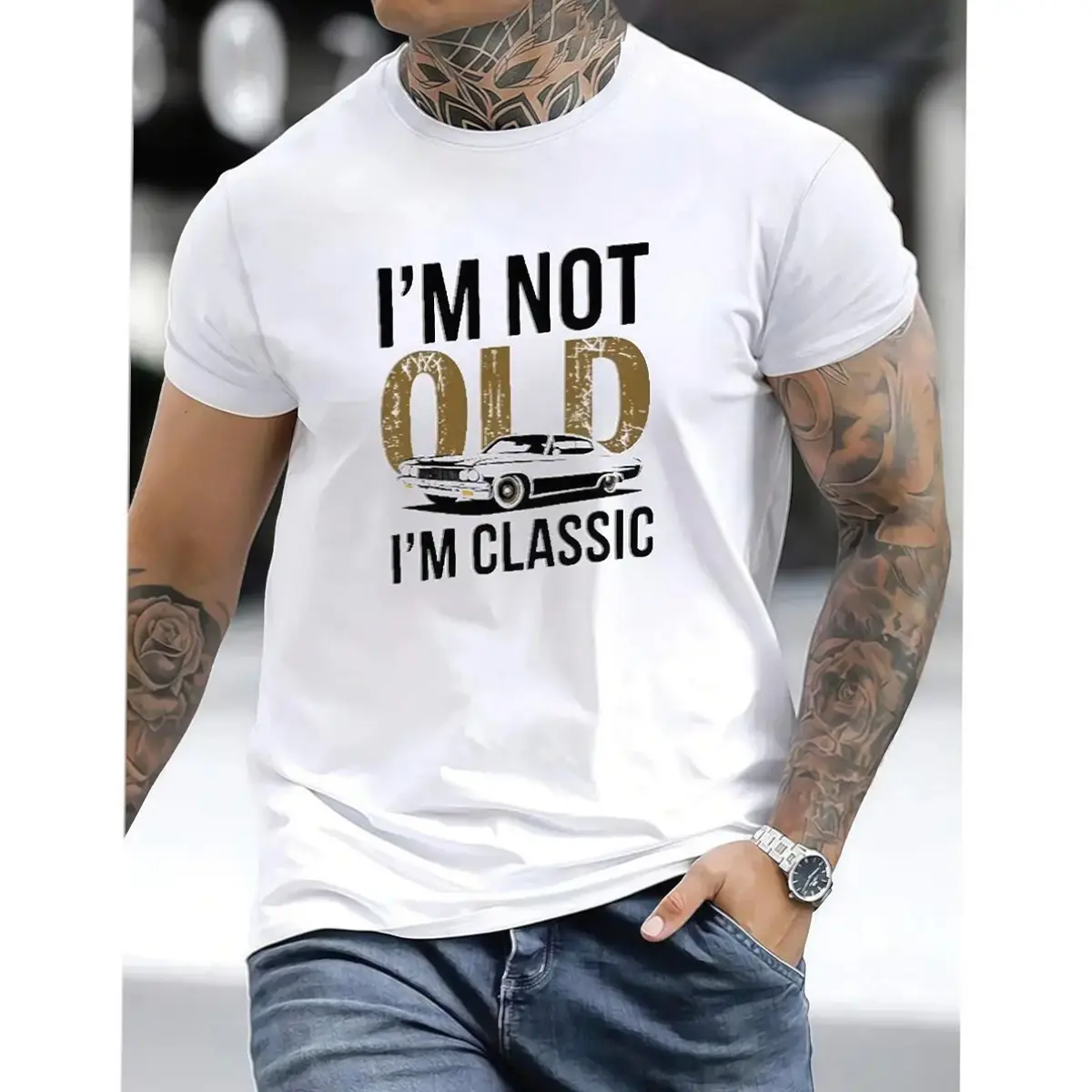 Men's "I'm Not Old I'm Classic" Car Graphic T-Shirt - 100% Soft Cotton, Lightweight Breathable Tee, Fitted Casual Retro Streetwear Top for Car Lovers, Athletic, New Year