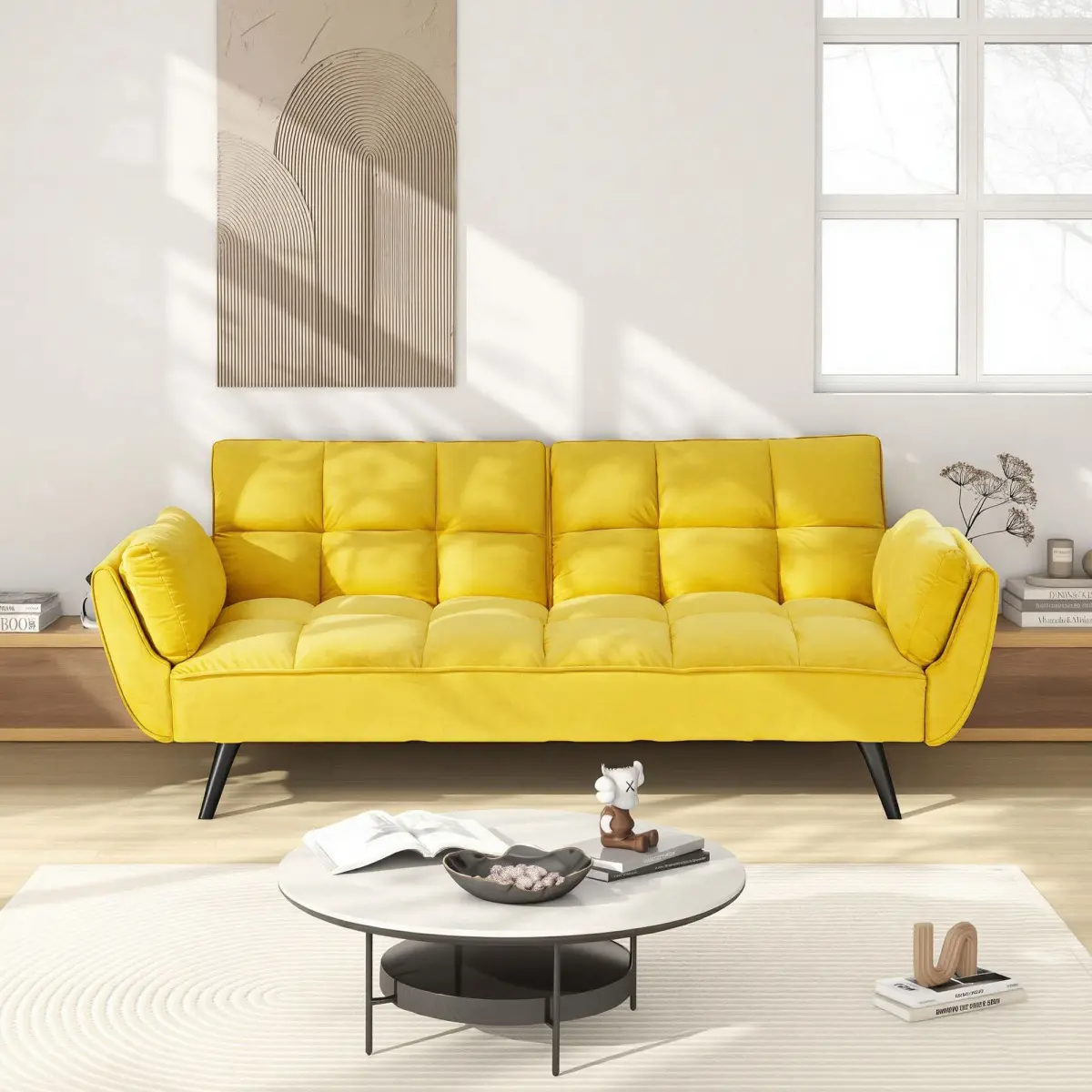 74 inch yellow sofa Soft two armrests throw pillow pillow comfortable fit apartment bedroom small space