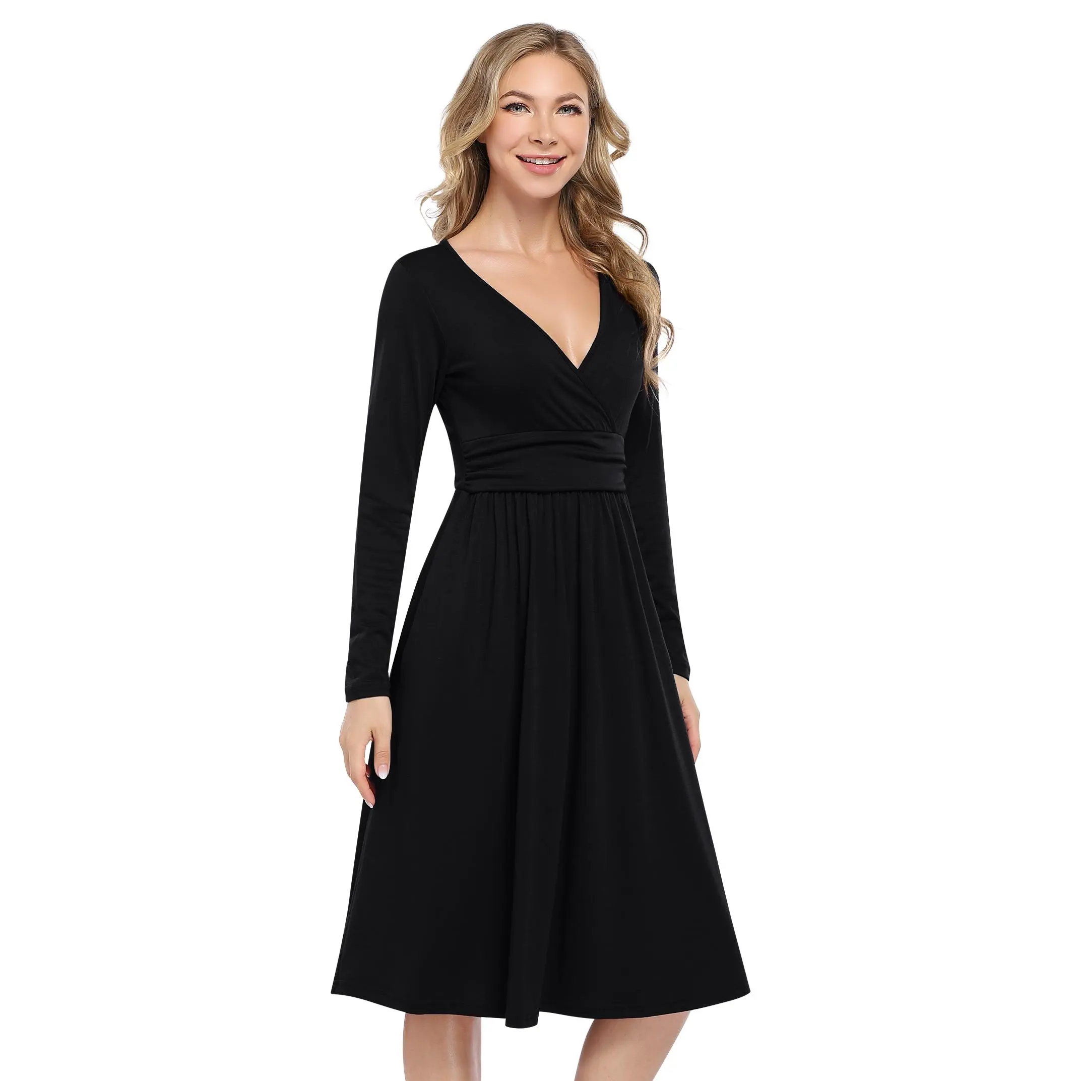 YF Clearance Sale Women Wrap V Neck Long Sleeve Midi Dress, Ruched Waist Flowy A Line Swing Dress, Soft Knit Solid Casual Party Dress, Everyday Elegant Outfit Gift for Her Black Wine Red S-XXL christmas