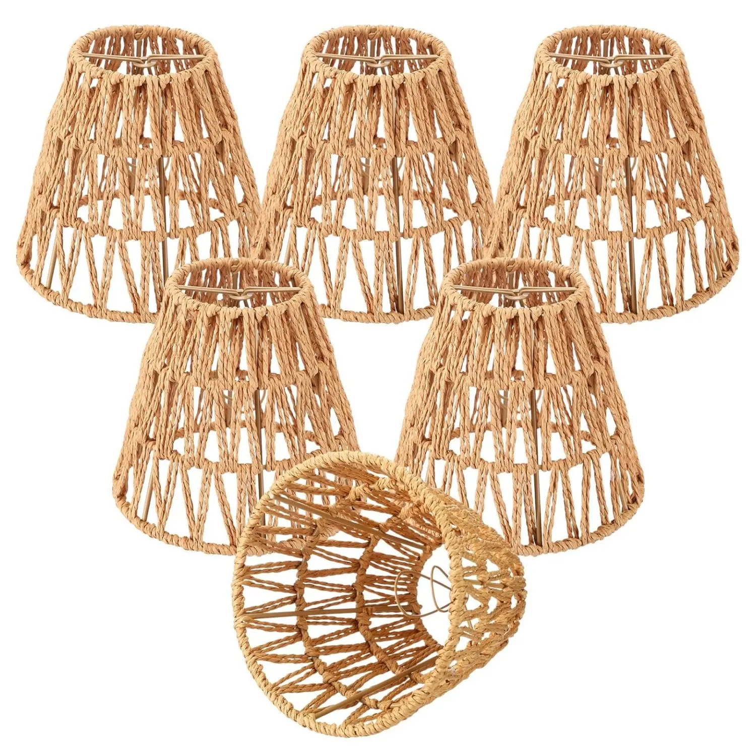 3pcs/6pcs Small Clip on Bell Lamp Shade Boho Handwoven Barrel Chandelier Shades Replacement for Table Floor Lamp Pendant Light Fixtures, 5.5" H x 5.9" D, 2.76" Fitter