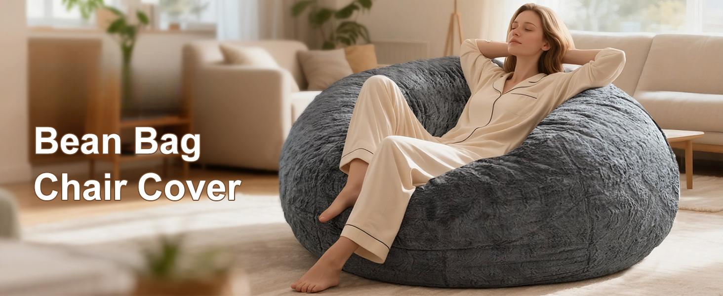 (No Filler Bean Bag Chair Cover Without Filler,Big Round Soft Fluffy PV Velvet Washable Bean Bag Lazy Sofa Bed Cover for Adults,Living Room Bedroom Furniture Outside,5ft Dark Grey