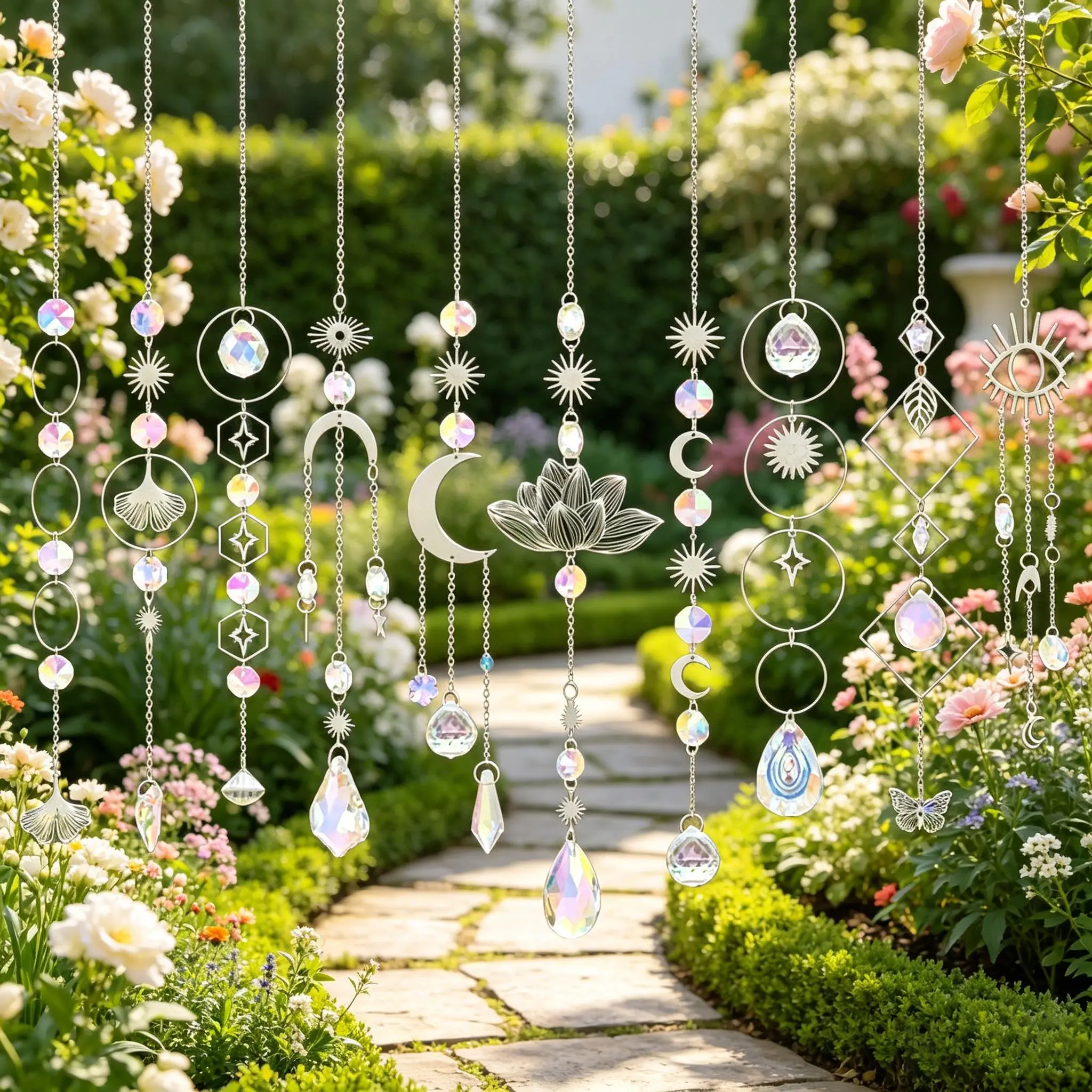 10Pcs Colorful Crystal Prism Suncatcher, Boho Lotus Star Moon Hanging Ornament, Rainbow Maker Window Wall Decor Gift for Home Garden