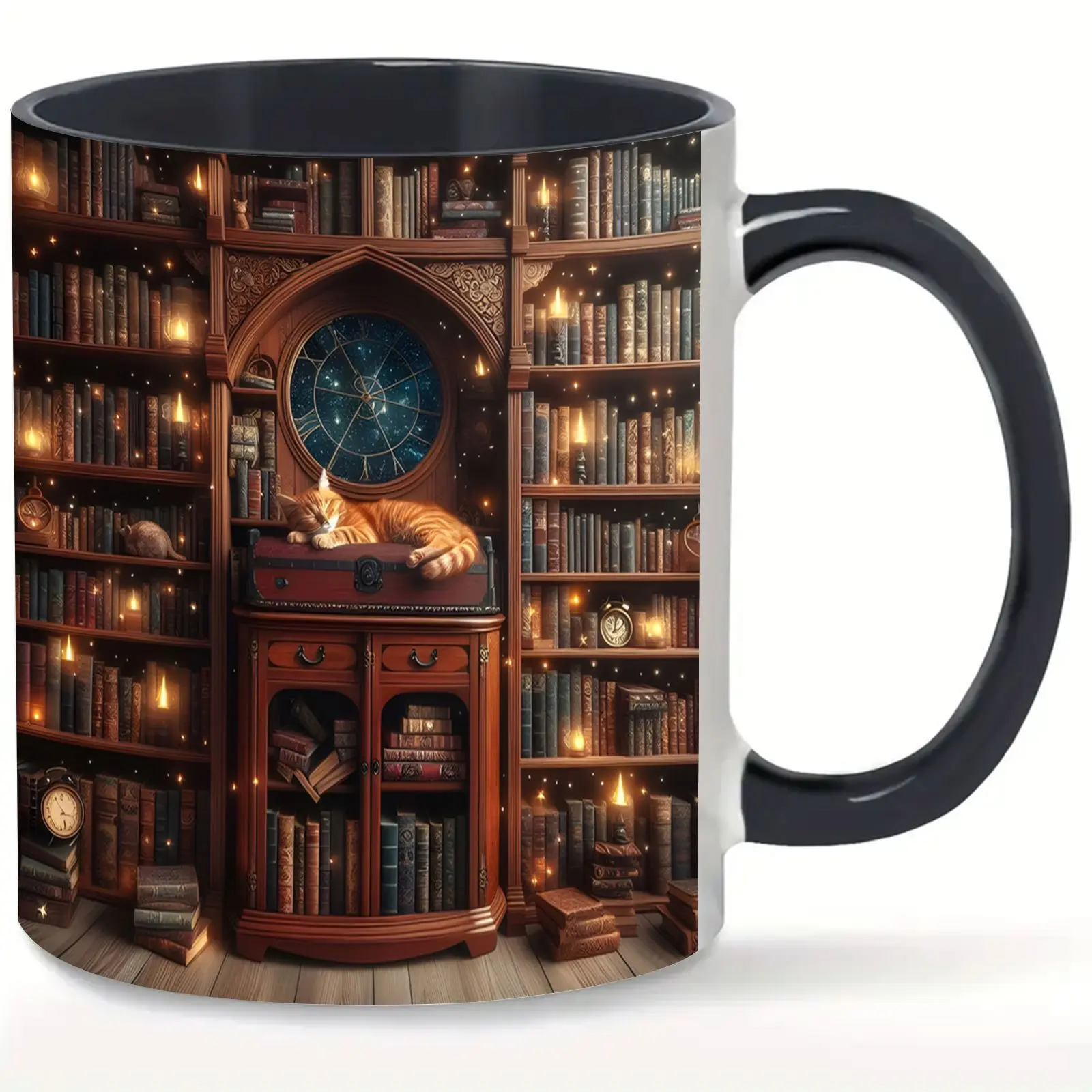 1 11 Oz Magic Library Porcelain Cup with Black Handle - Perfect for Coffee, Tea, Milk And Water - Decorative Bookcase Design with Cat And Lantern - Perfect Gift for Book Lovers for Birthdays, Valentine'S Day And Easter