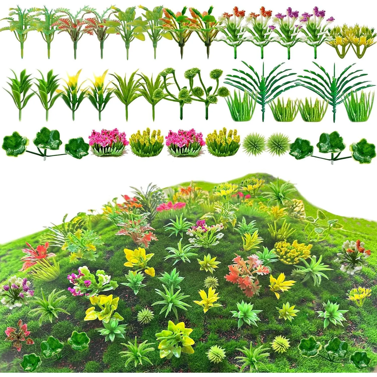 120-Count Flexible Mini Artificial Model Trees & Green Shrubs Set Pack, Various Shapes Scenic Garden Decor for DIY Railroad Park Scenery & Fairy Garden