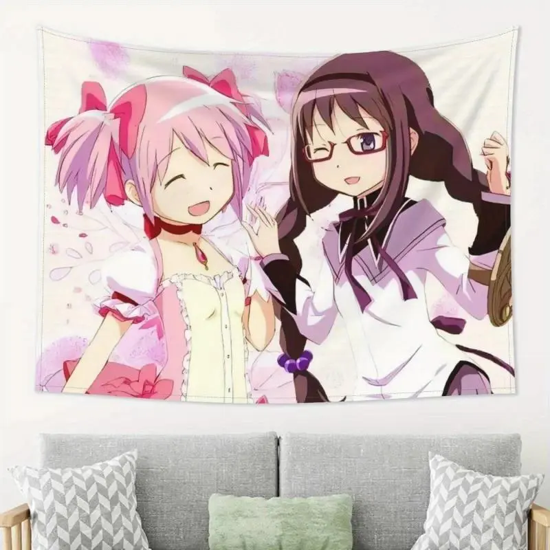 Anime Tapestry, Madoka Magica Madoka & Homura Cute Pink Themed Wall Art Hanging for Aesthetic Room Decor