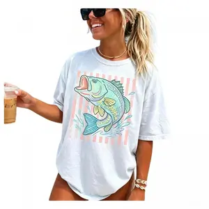 Men's Pure Cotton Round Neck Street Wear Vintage Bass Fish Print T-Shirt - Retro Preppy Striped Fishing Top, Soft Breathable Oversized Casual Summer Coastal Outdoor Vacation Essential