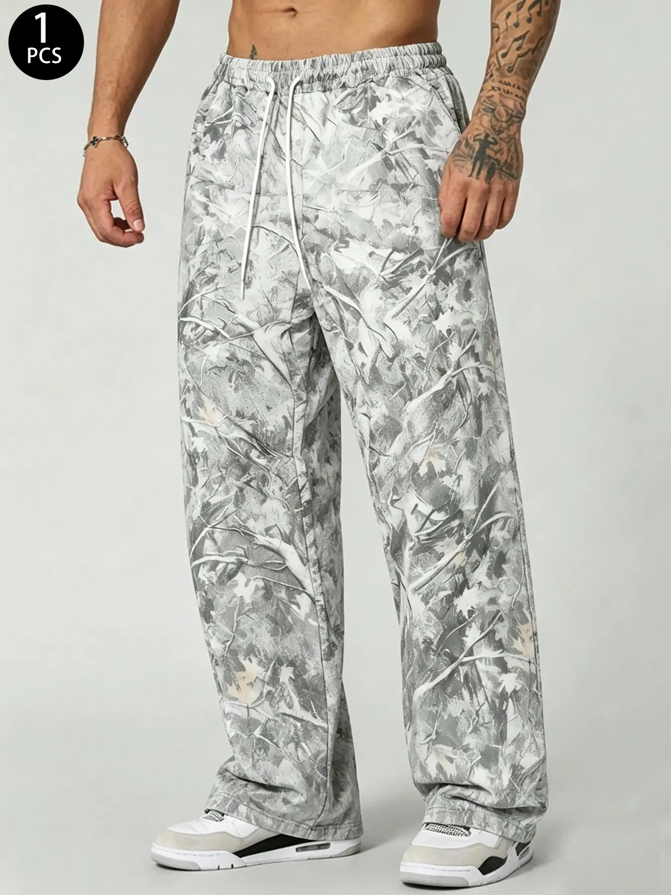 Men's Loose Camouflage Wide-Leg Pants with Drawstring Waist for Fitness, Hiking and Casual Wear