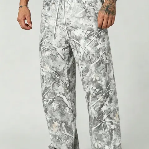 Men's Loose Camouflage Wide-Leg Pants with Drawstring Waist for Fitness, Hiking and Casual Wear Athletic Trousers