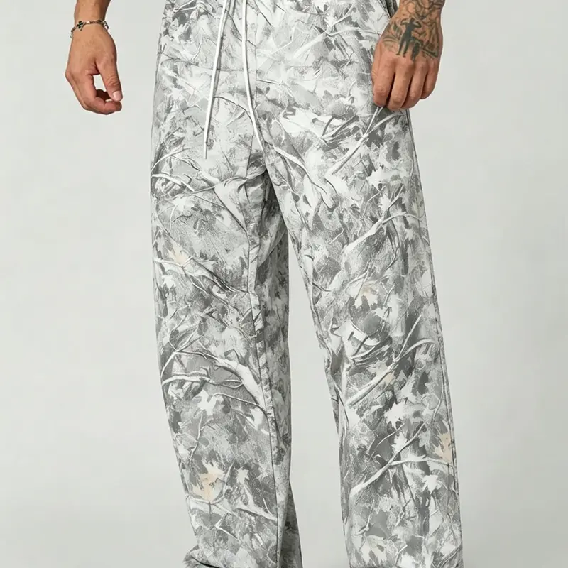 Men's Loose Camouflage Wide-Leg Pants with Drawstring Waist for Fitness, Hiking and Casual Wear Athletic Trousers
