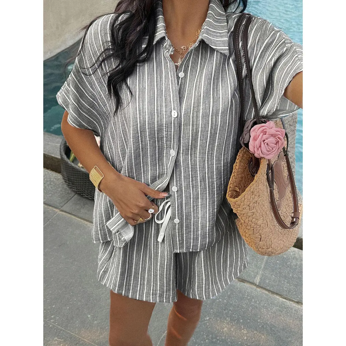 Loose Contrast Color Striped Short Sleeves Buttoned Lapel Blouses&Shirts Tops + Tied Waist Shorts Bottoms Two Pieces Set