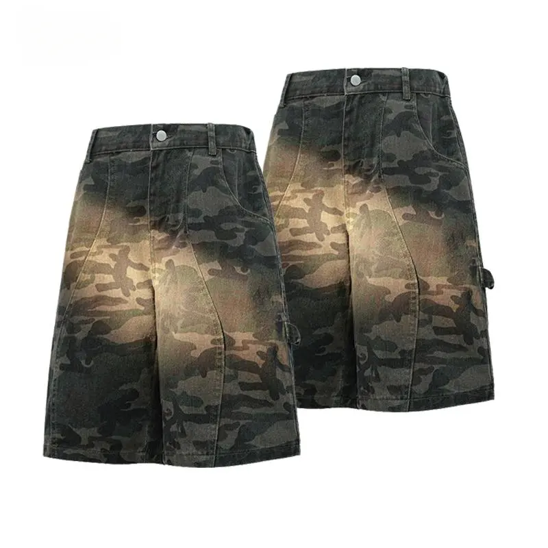 Men's 2-Pack Cargo Shorts Set, Casual Loose Fit Denim with Camouflage & Gradient Prints, Stylish Streetwear for Summer