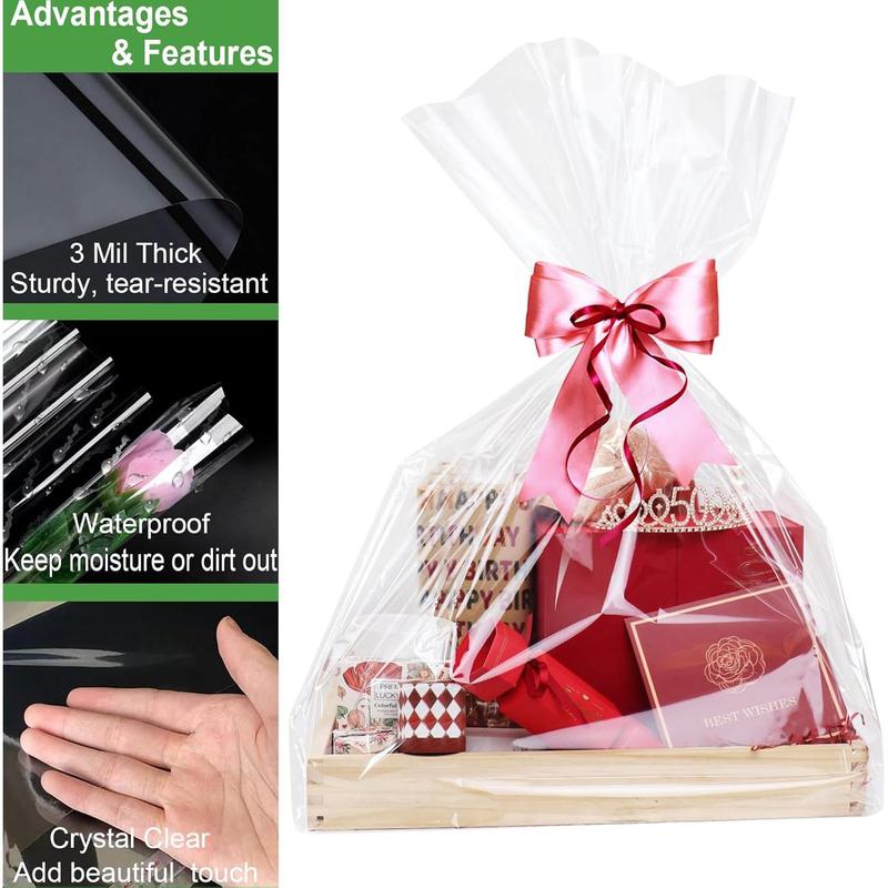 10 Pack  Cellophane Bags, 40 x 55 inch, 3 Mil Thicker Clear  Bags for Baskets Wrapping Plastic,  Huge Clear Cellophane Wrap  Basket Bag