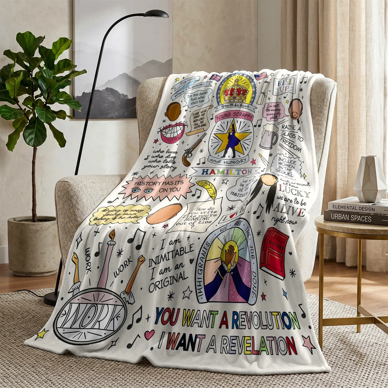 Hamilton Musical Flannel Throw Blanket, Broadway Revolution Quote Collage, Soft Cozy Warm, Theater Lover Blanket, Home Decor, Halloween Gift