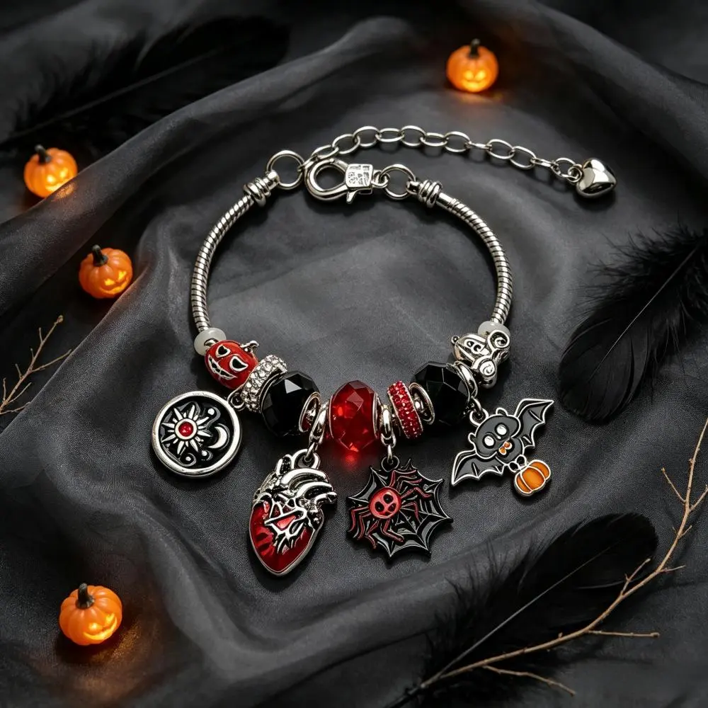 Halloween Red Black Gothic Charm Bracelet Snake Chain Dangle Wristband Anatomical Heart Spider Web Bat Pumpkin Sun Moon Pendants Skull Beads Vampirecore Spooky Season Fashion Jewelry Gift For Women, Spooky Season Aesthetic