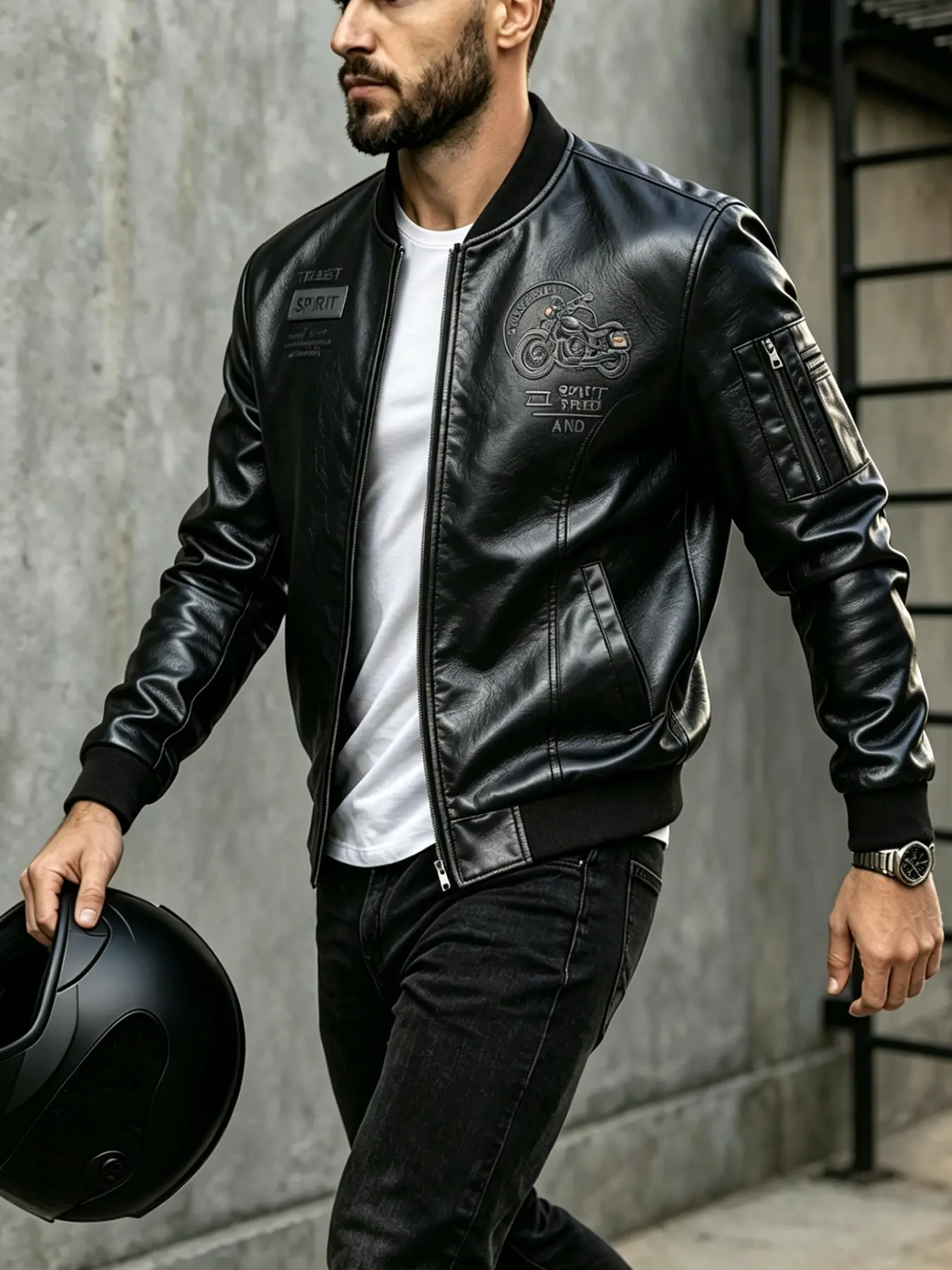 Mens Motorcycle Embroidery Faux Leather Bomber Jacket, Vintage Zip Up Biker Baseball Jacket, Casual Street Flight Outerwear with Arm Zip Pocket