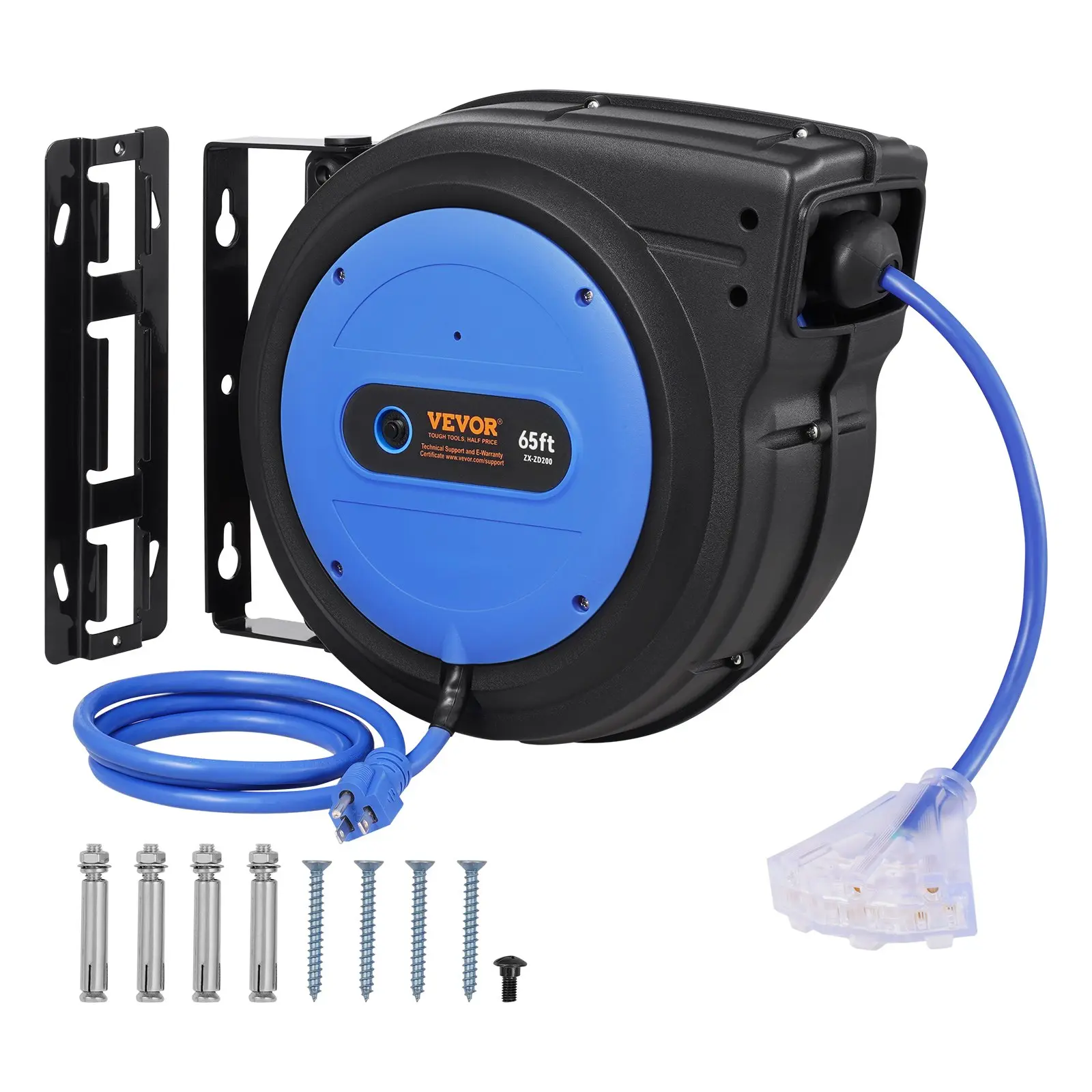【Summerfinds】VEVOR Automatic Retractable Extension Cord Reel, 65FT Flame-Retardant 12AWG/3C SJTOW Cable, 15A Circuit Breaker, Lighted Triple Tap Power Outlet, 180-Swivel Bracket for Wall/Ceiling Mount