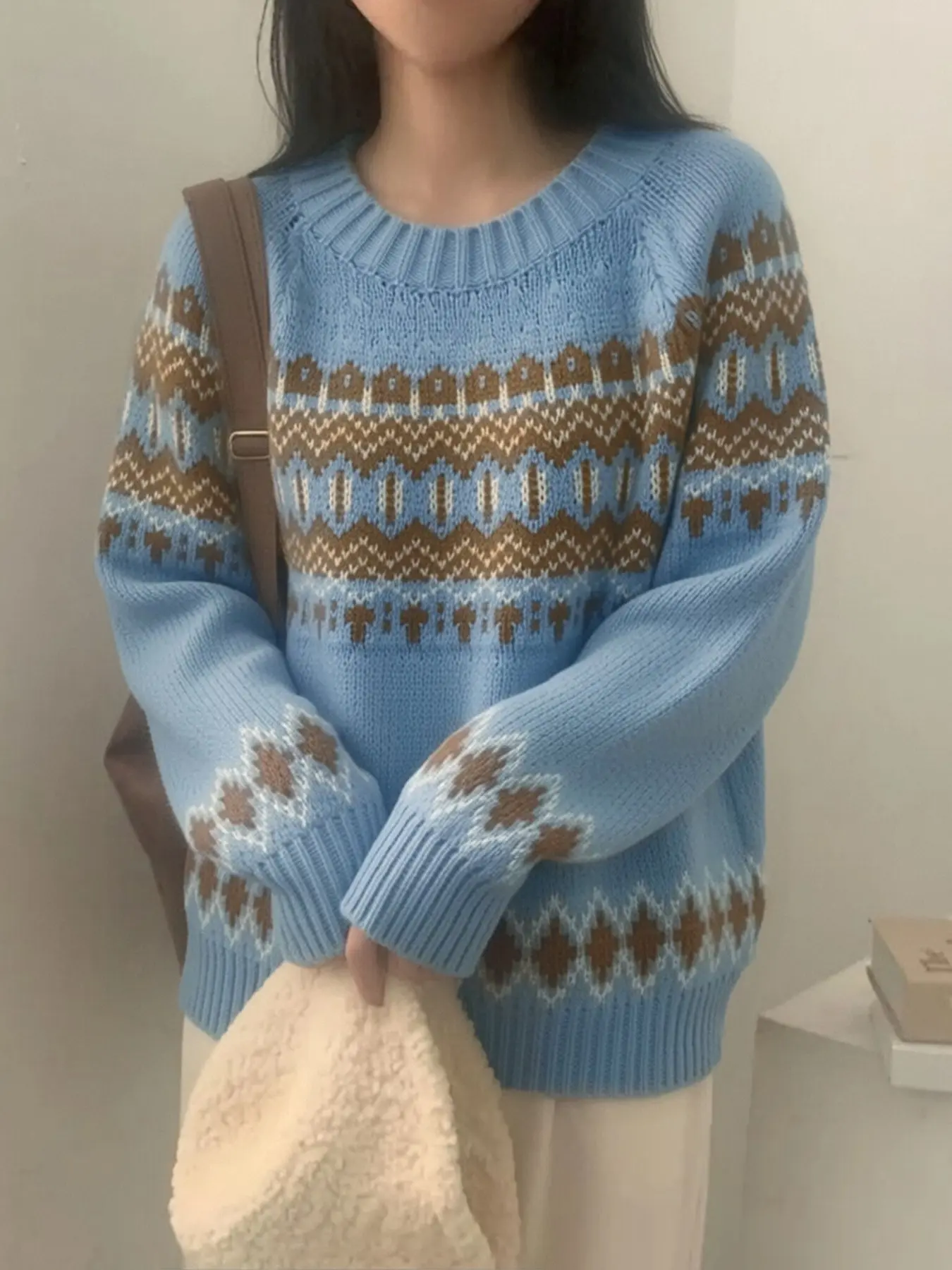 New Fashion Korean Round Neck Long Sleeve Knitted Sweater, Geometric Pattern, Loose Fit, Elegant Style, Fall & Winter Knit Top for Office and Dating