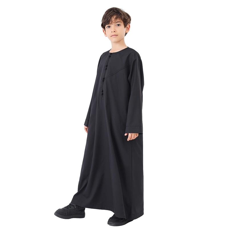 Boys' Solid-Color Buttoned Robe - Polyester-Blend Fabric for Daily Casual Wear Long Sleeve Arabic Boys Thobe