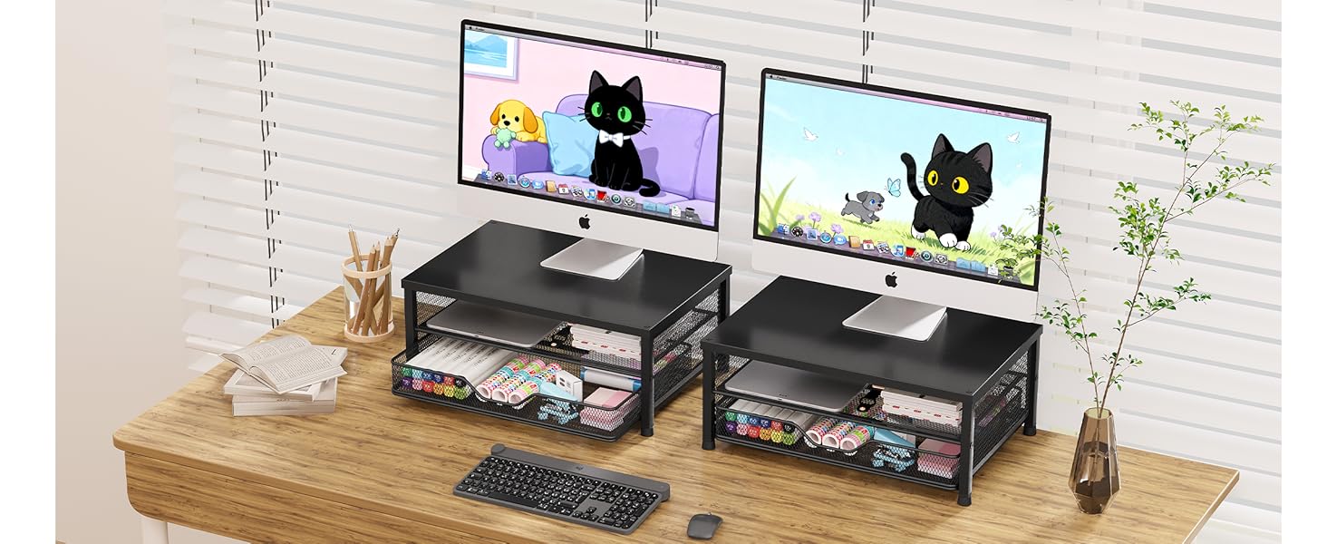 OPNICE Desk Organizer and Accessories, 2-Tier Computer Monitor Stand Riser with Drawer and 2 Pen Holders, Laptop Stand, Office Desk Accessories for Office Supplies, Black OPNICE Desk Organizer and Accessories, 2-Tier Computer Monitor Stand Riser with Drawer and 2 Pen Holders, Laptop Stand, Office Desk Accessories for Office Supplies, Black