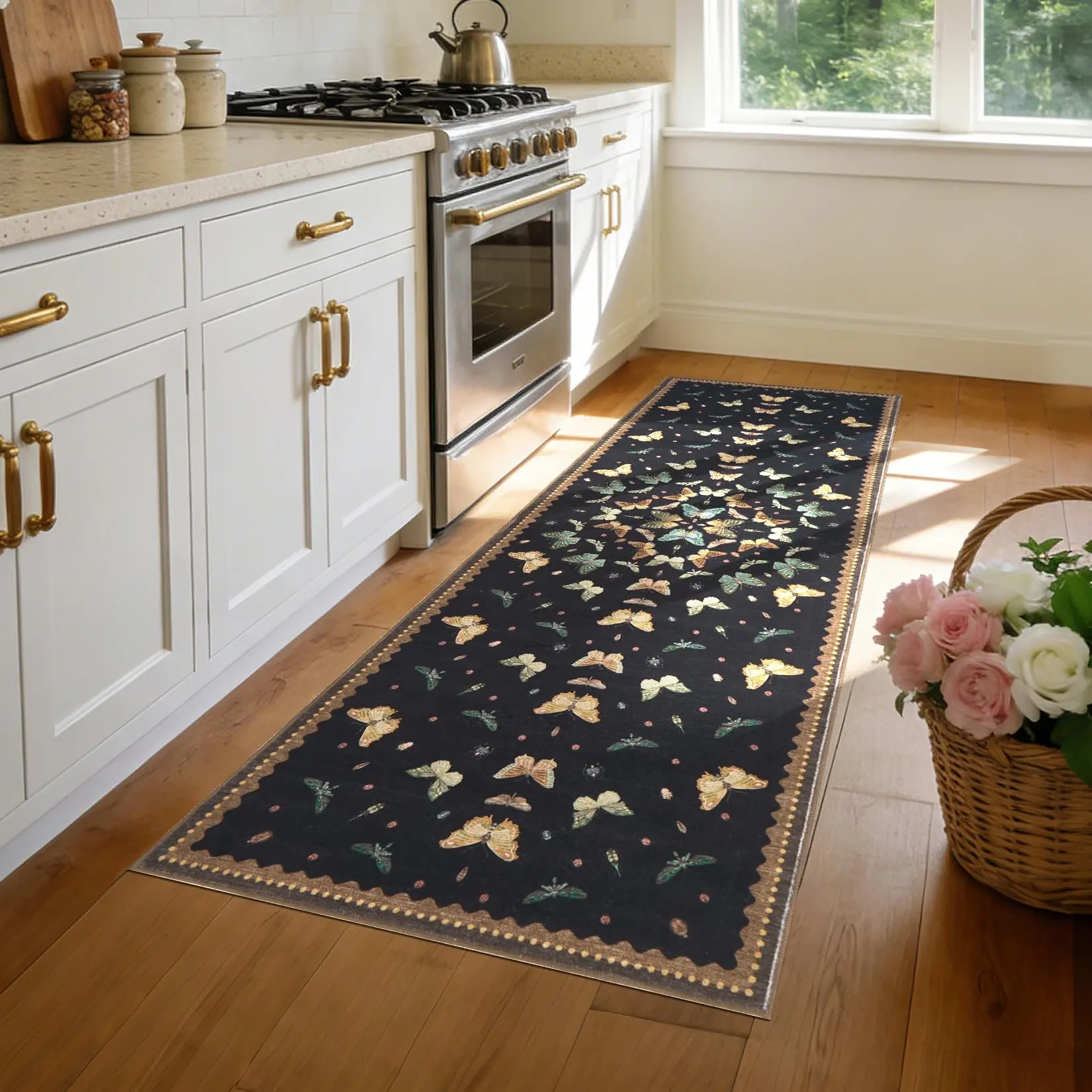 2x6 Runner Rug Washable Modern Butterfly Area Rug Boho Black Grey Carpet Ultra-thin Non Shedding Non Slip Stain Resistant Lightweight for Hallway Kitchen Porch Entryway Foyer Bathroom