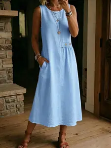 Summer New Style Short Dress, Casual Comfortable with Pockets, Versatile Vacation Long Dress, Plain Design, All Seasons Wear
