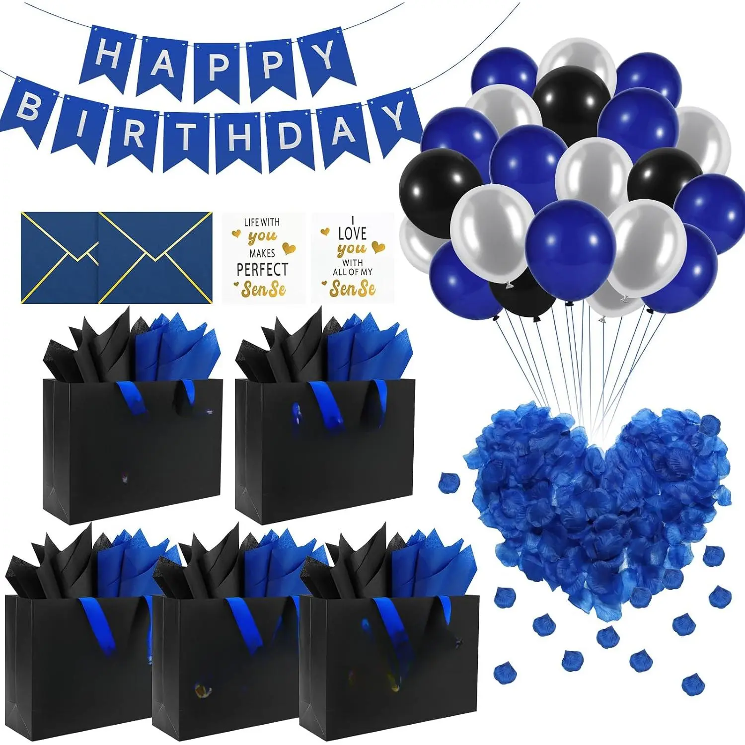 5 Senses Gift Bags for Him with Labels & Tissue Papers| Includes Happy Birthday Decorations: Banner, Balloons, Rose Petals, Envelope & Card for Men, BF, Husband
