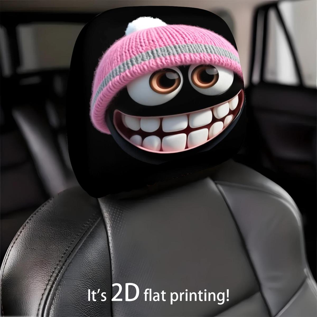 2 Pack Cute Hat Car Headrest Covers, Fun Face Print Neck Pillow Protector, Seat Covers, All Seasons Car Interior Accessories, Gifts for Drivers, Car Interior Accessories