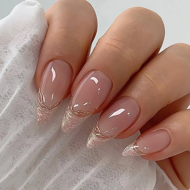 24pcs Nude Champagne Glitter French Almond Press on Full Cover Nails, Glossy Reusable Fake Nails for Women, Wedding Nail Art