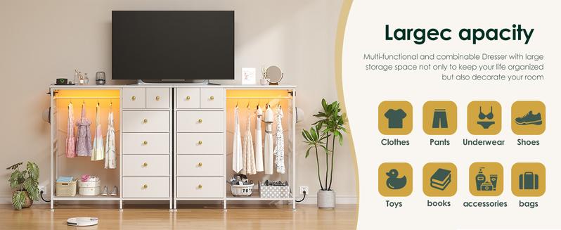 47.2" White Dresser with Hanging Rack, 2 in 1 Bedroom 6 Drawers Dresser with LED Lights & Charging Station, Wooden Dressers with Fabric Drawers and Clothing Rack for Girls, Kids