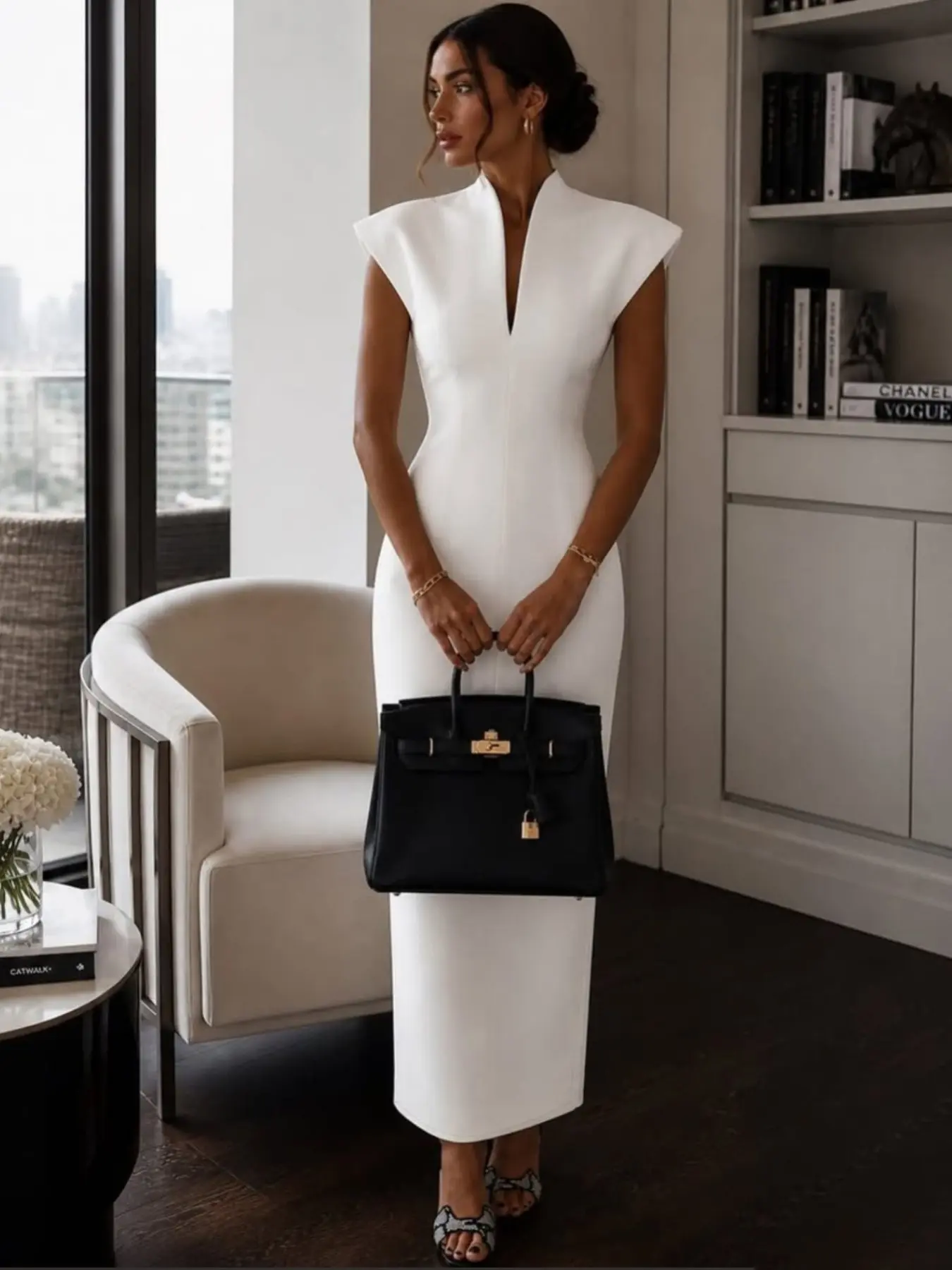 2026 Summer New Stand Collar V Neck Sleeveless High Waist Bodycon Dress, Solid Color Elegant Slimming Formal Party Gown, Fashionable A-Line Skirt