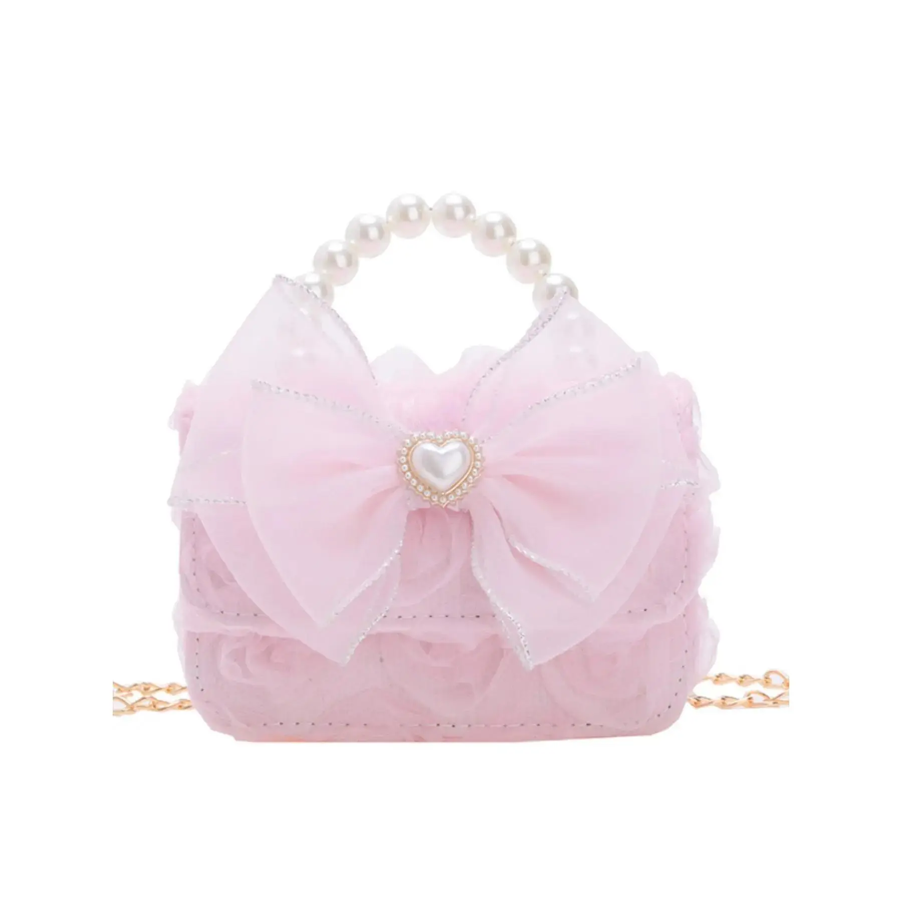 Girls' Cute Nylon Crossbody Bag, Mini Shoulder Purse with Pink Bow and Pearl Details, Durable Holiday Birthday Gift, Holidays, Crossbody/Shoulder Bag