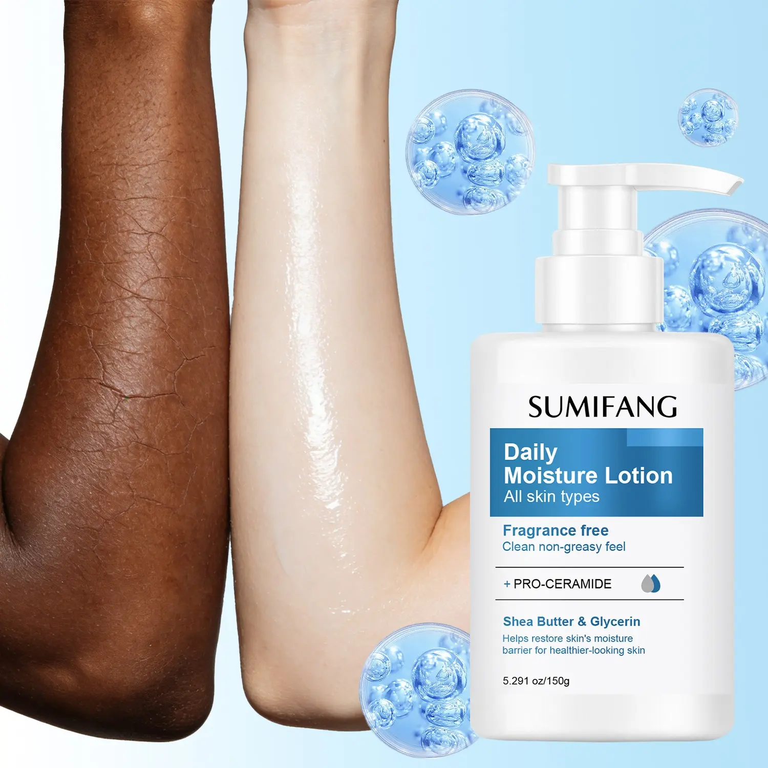 SUMIFANG Ceramide Body Lotion 150g – Pro-Ceramide + Shea Butter + Niacinamide – Repairs skin barrier, deeply moisturizes and nourishes, soothes dry and flaky skin; gentle and suitable for all skin types.