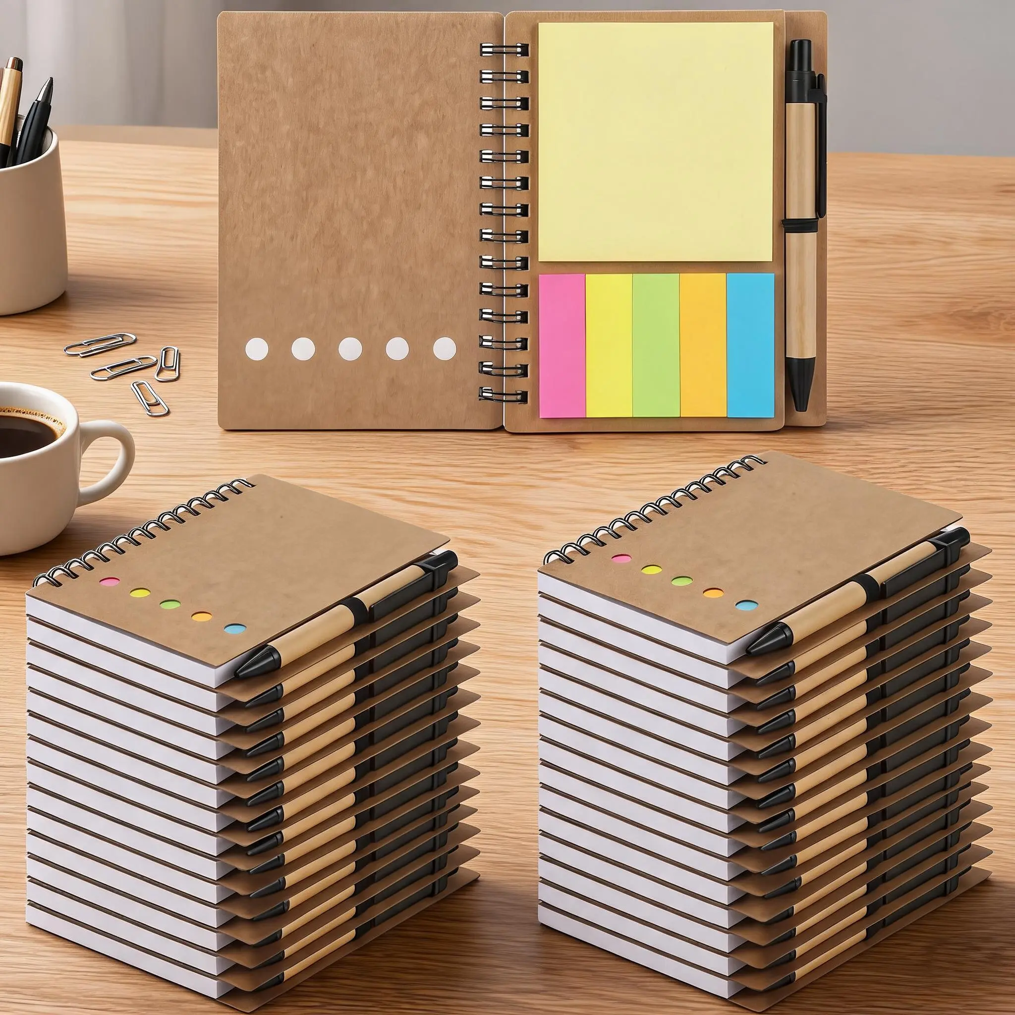 30-Pack Mini Spiral Notebook Set with Sticky Notes & Pen, Pocket Lined Notepads 60 Pages, Kraft Cover with Elastic Band, 5-Color Bookmark Tabs, 13 x 10 cm