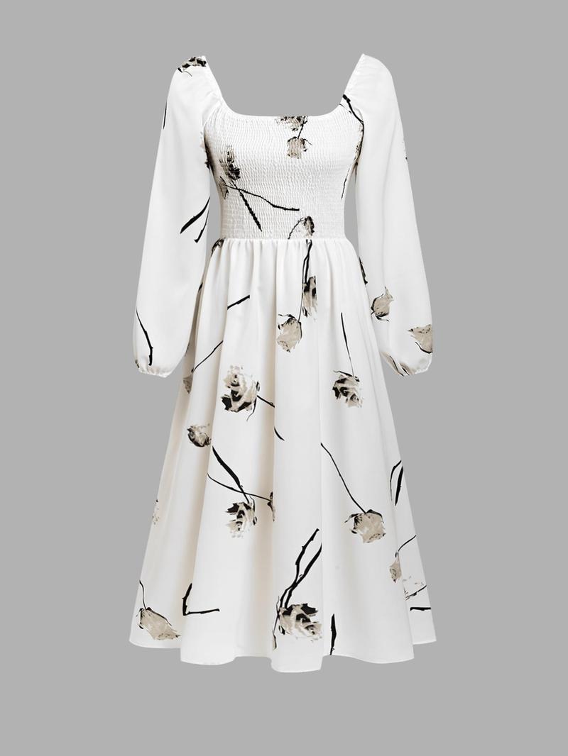 Women's Floral Print Dress, Elegant Fashion Casual A Line Dress for Daily Outdoor Wear, Women Dress for Spring Fall
