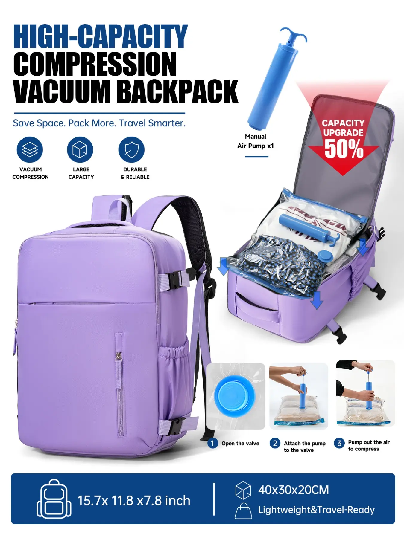 Vacuum Compression Backpack for Travel, High Capacity 15.6 Inch Laptop Backpack with Vacuum Bag and Manual Air Pump, Flight Approved Carry On Air Travel Daypack, Lightweight Space Saving for Men Women Business College Outdoor