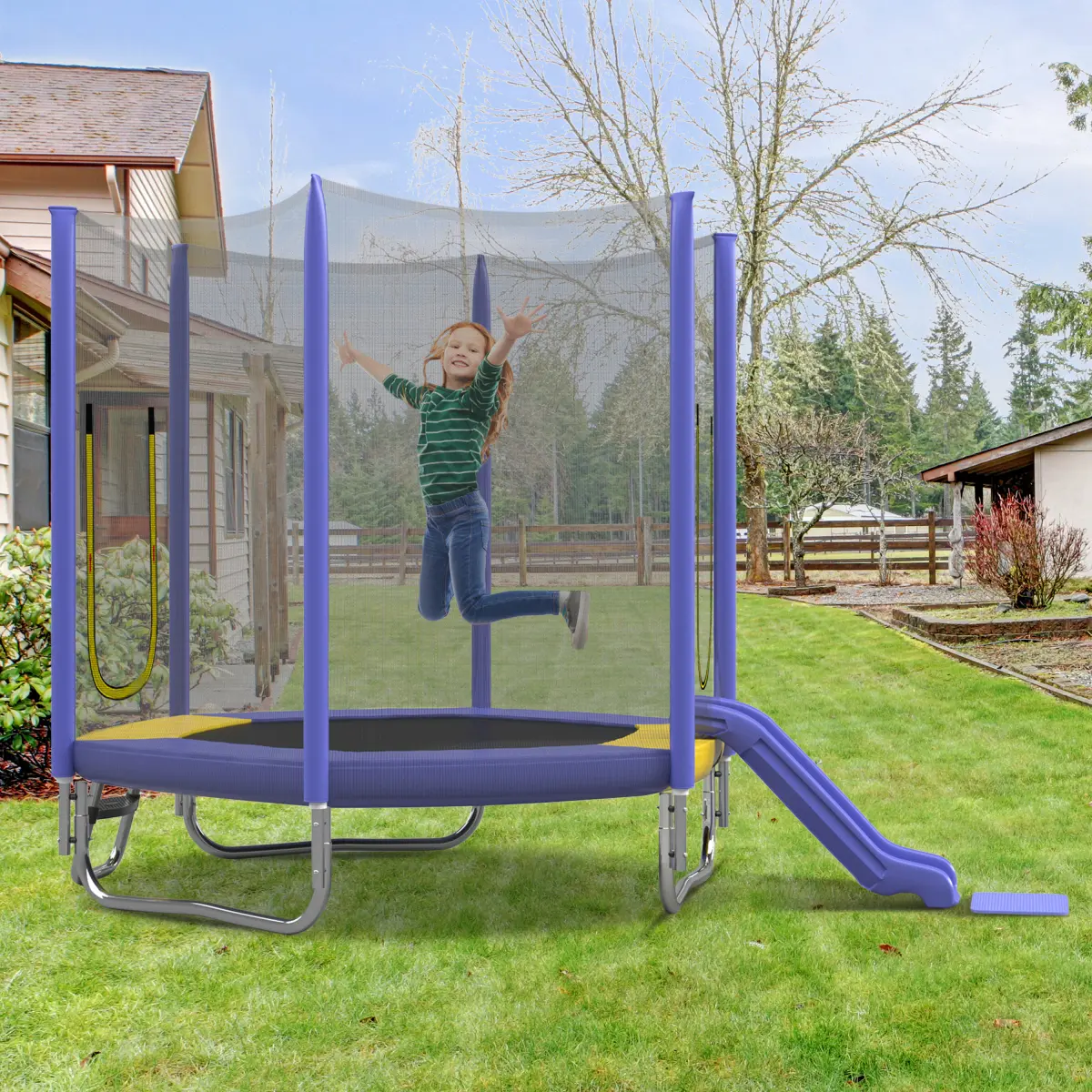 7FT Hexagonal Kids Trampoline with Safety Enclosure Net, Slide & Ladder, 220 LBS UV Resistant Outdoor Backyard Trampoline for Children Ages 3+