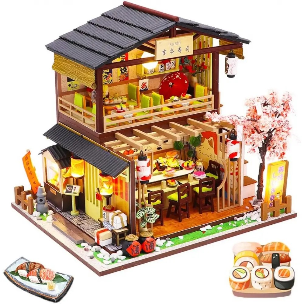 Spilay 1:24 DIY Japanese Style Dollhouse Miniature Kit - Wooden Furniture, Wooden Board, LED Lights, Kit Parts, Dust Cover, Music Box, Over 14+ Craft Toy for Adults That Requires AA Batteries