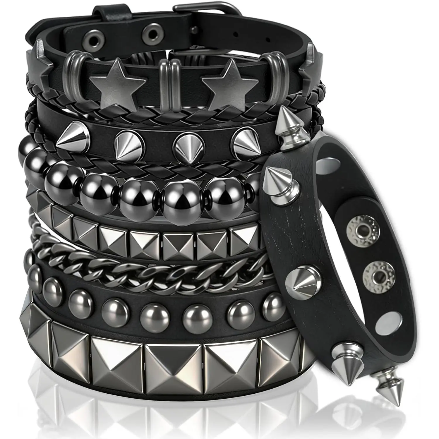 6 Pcs Punk Rock Spiked Studded Bracelet Set for Women Men, 80s Gothic Grunge Emo Wristbands, Y2K Star Beaded Cuff Bracelets, PU Leather Snap Button Adjustable Accessories for Rocker Biker Outfits