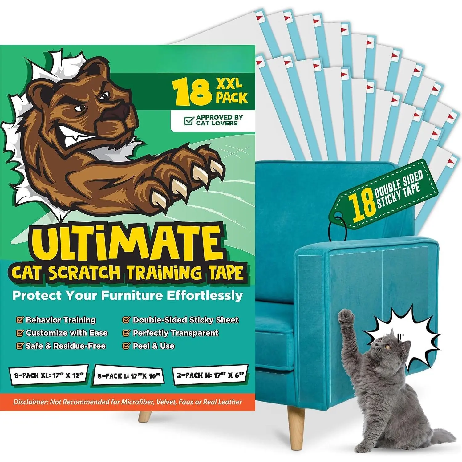 18 Pack Anti  Scratch Deterrent for Furniture - Transparent Clear Double Sided Anti Scratch  Tape for Furniture. Effective Sticky Paws Tape for Cats As Protectors from Cats