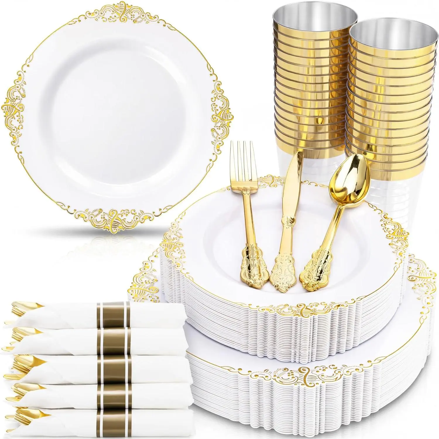 350PCS Gold - Gold Dinnerware Sets for 50 Guests - 100 Disposable, 150 Silverware, 50 Cups, 50 for Wedding &
