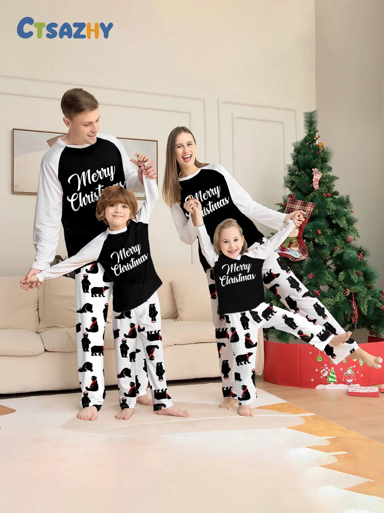 Family Matching Christmas Pajamas Set of 4 with Santa Hat Letter Print, Long Sleeve Top & Jogger Pants Two-piece Loungewear with Red Contrast Cuffs, Made of Soft Skin-friendly Breathable Knit Fabric. Ideal for Christmas Family Photoshoots, Holiday Party O