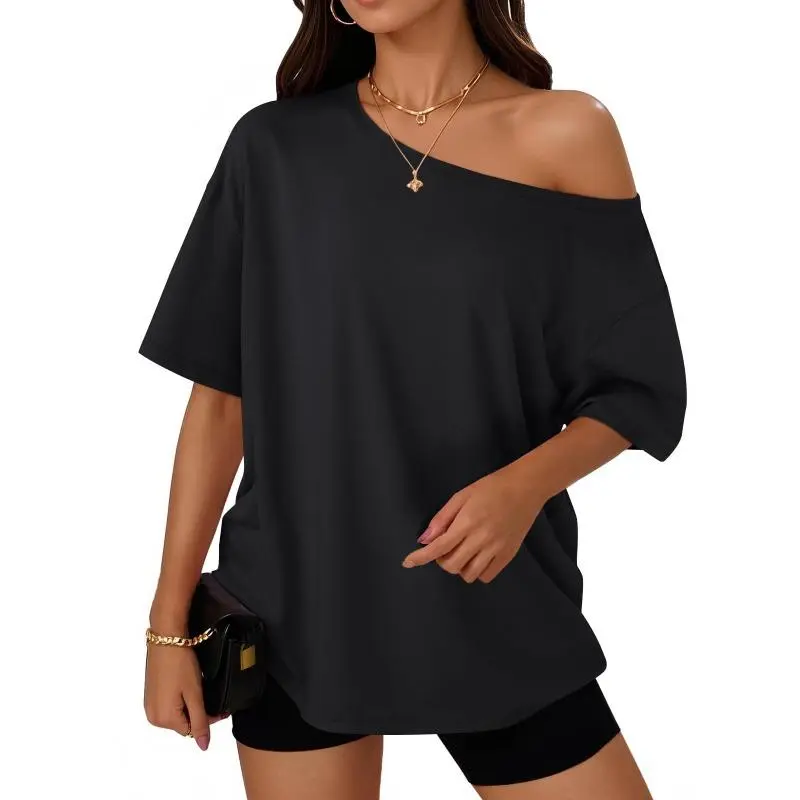 BIGWIG Women's Off-Shoulder Top — Loose-Fit Short-Sleeve T-Shirt, Summer Casual Wear, Going-Out Outfit, Designer-Style Top, Loose One-Shoulder Top, Y2K Off-Shoulder Tee, Summer Short-Sleeve Top,clothes for back to school,first day of school outfits