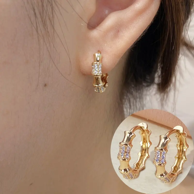 Women's Hoop Shape Bamboo Earrings with Inlaid Zircons, Minimalist Versatile Elegant Personal Ear Jewelry for Sports & Outdoor Activities, Everyday Wear